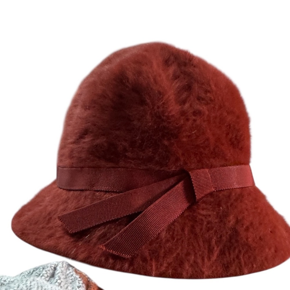 Kangol Rust Fuzzy Wool Cloche Hat with Ribbon Bow Made in England Design‎